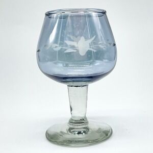 Vintage Blue Flash Cordial Glass Etched Floral 2.75" Liqueur Stemware